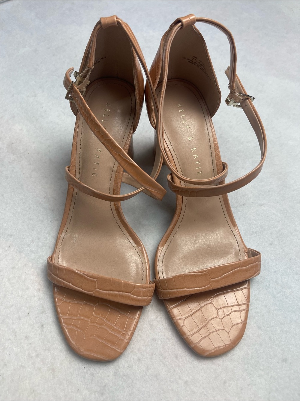 Kelly & Katie Tan Croc-Embossed Ankle-Strap Heels